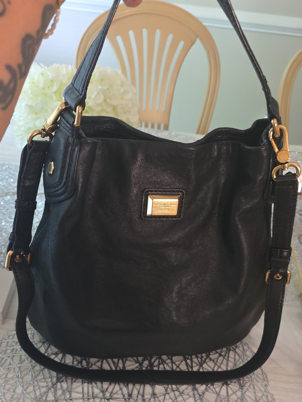 Marc Jacobs Black Leather Shoulder Bag with Gold Hardware